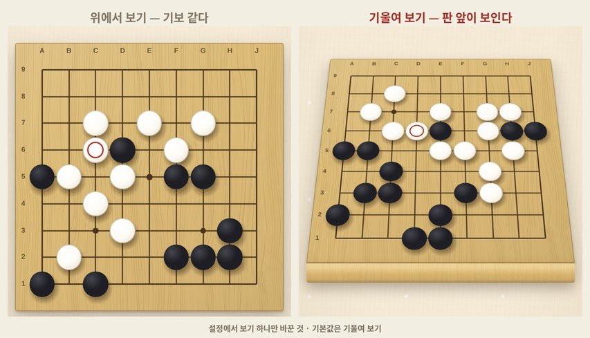 왼쪽이 위에서 보기, 오른쪽이 기울여 보기. 아래 나무 두께가 보이는 쪽이 훨씬 판 같지 않나요