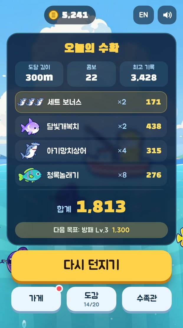 300m까지 내려간 한 판. 22콤보에 세트 보너스까지 붙었습니다